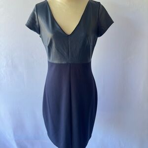 Bailey 44 Dress M Womens Blue Sheath Faux Leather Short Sleeves Stretch V Neck